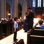 Re-enactment of Moses (little boy) confronting Pharaoh during Easter Vigil at Grace Cathedral