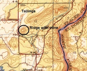 1944 USGS quad map showing North Fork Ditch and tailing to the north of the mine in the ridge. The curved road between BM 411 and 396 is the old railroad grade for the Sacramento, Placer and Nevada Railroad.