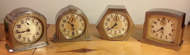 First four of the La Salle series alarm clocks by Westclox, case by Dura.