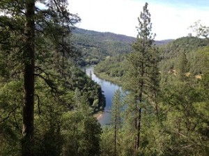 View of Yuba River flowing into Englebrite lake, north side of Pt. Defiance trail loop.