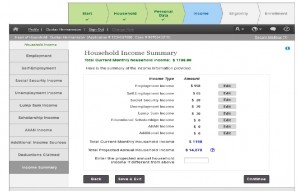 Simple flow of data, income, eligibility and enrollment screens.