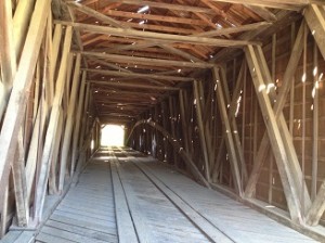 Interior of covered bridge over the South Yuba River, douglas fir, unique engineering.