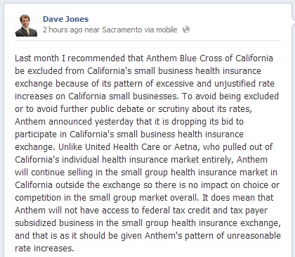 Insurance Commissioner Dave Jones gloats over Anthem's withdrawal.