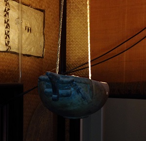 Replica canoe serving bowl turned ceiling lamp by Charmian London.