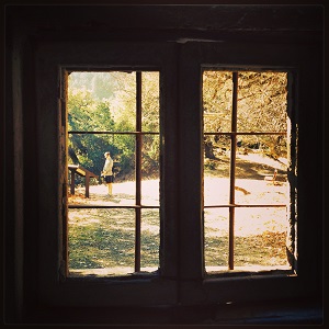 View out a Pig Palace window at a boy.