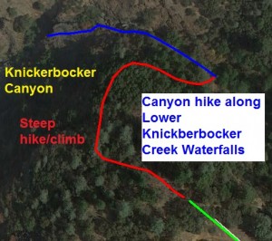 Trail map to Knickerbocker lower waterfalls and canyon.