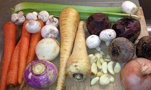 Raw roots and stalks easily roasted for flavorful vegetarian meal.