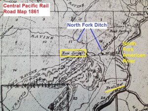 Central Pacific Rail Road map, 1861, showing Rose Springs near American River.