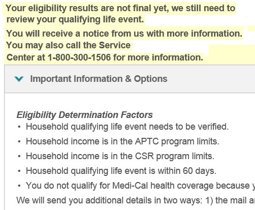 Special Enrollment Period eligibility page informs applicants to wait.