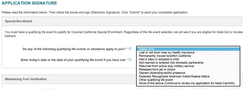 Covered California menu of qualifying events for special enrollment period.