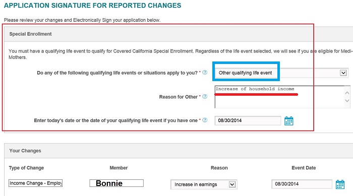 Other qualifying event must be selected to report a change to income.
