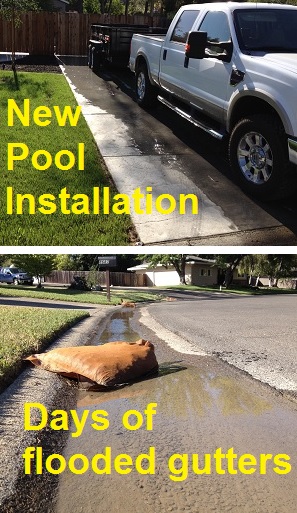 A new pool installation has water running down the gutter for days in early September, 2014.