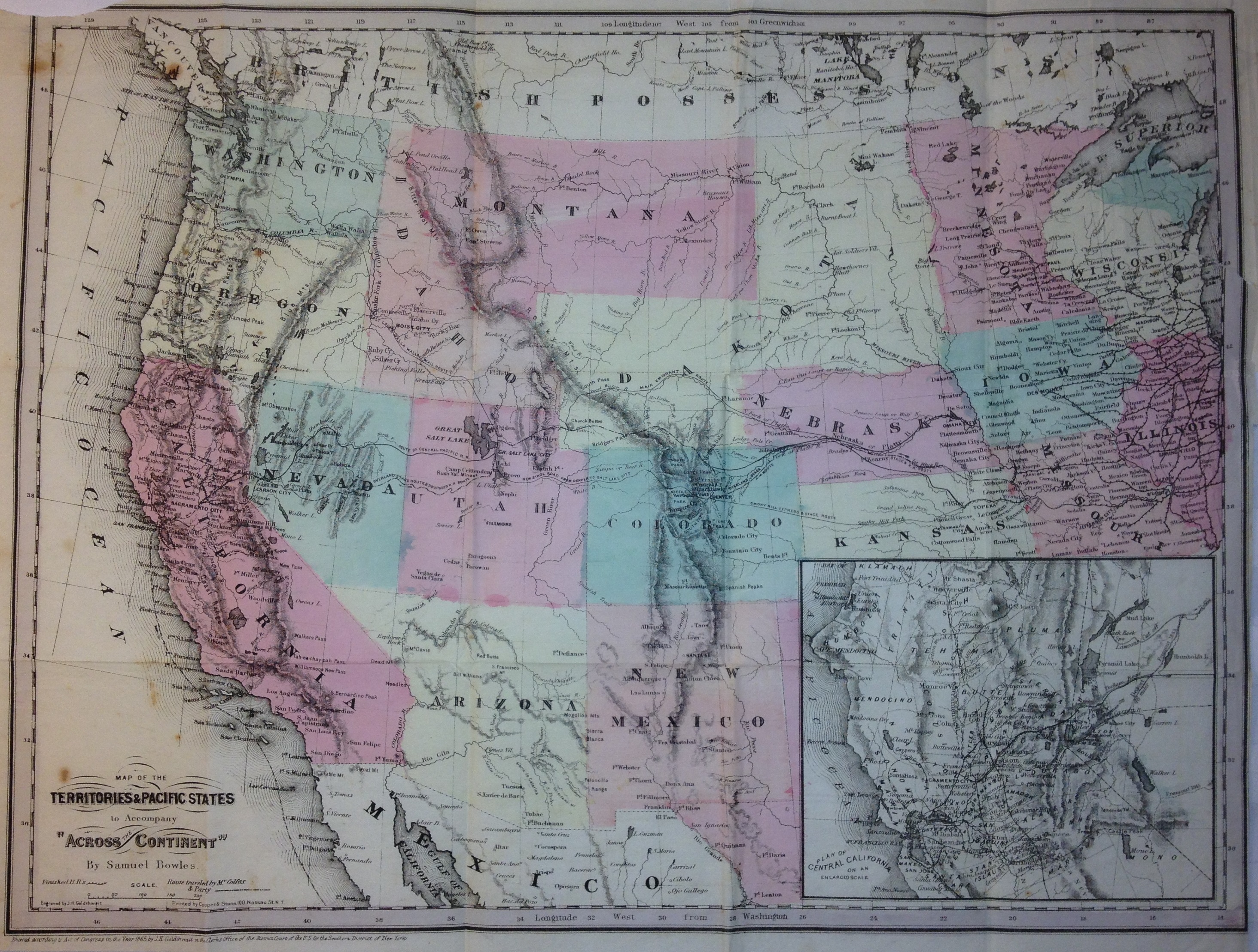 Western territories and U.S. map included with "Across the Continent" by Samuel Bowles, 1866.