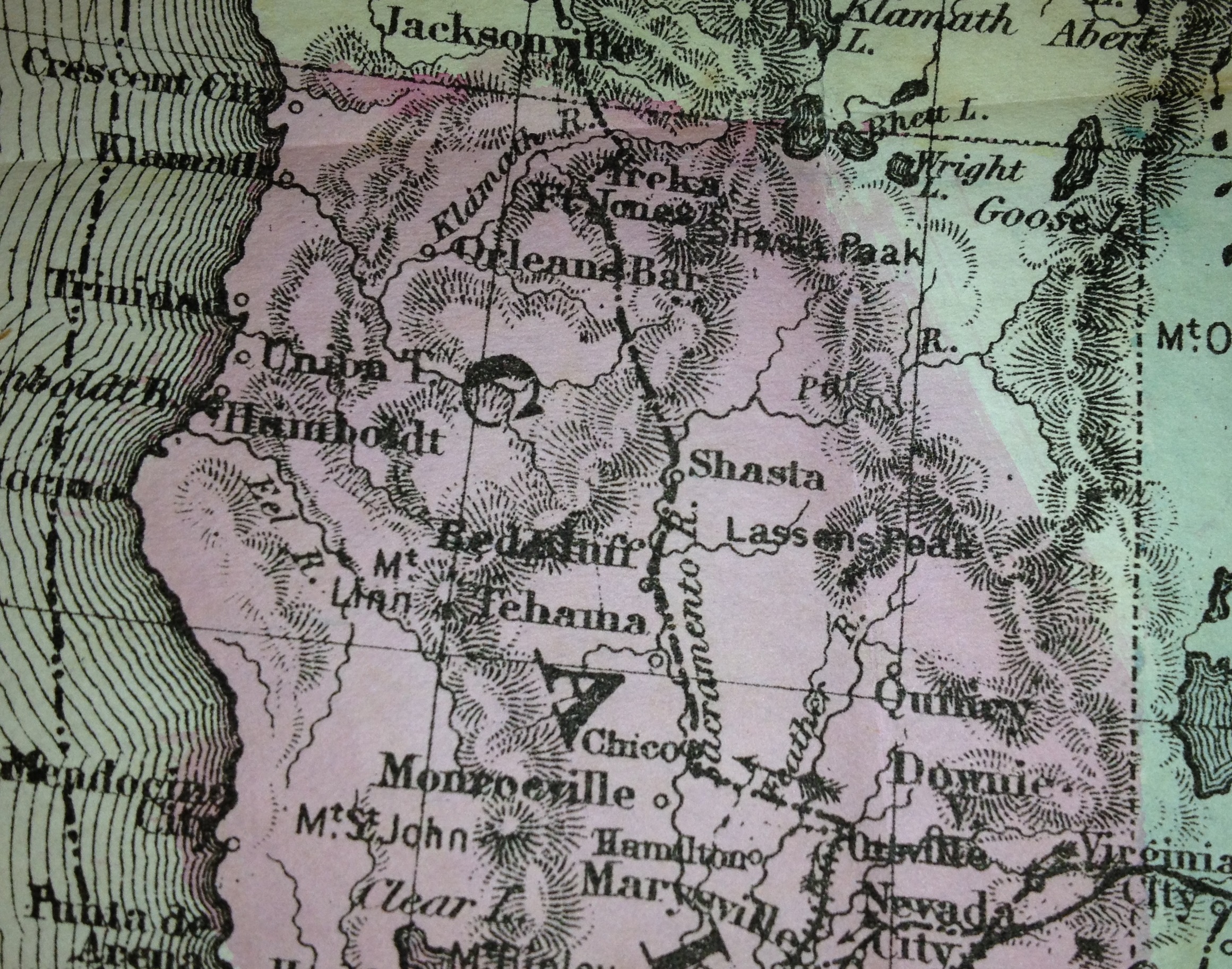 Northern California 1865 map, Crescent City down to Mendocino.