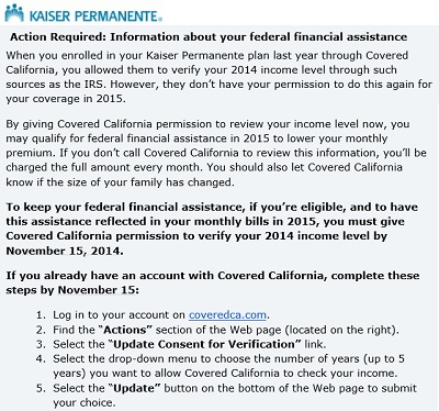 Update consent verification or lose tax credits, email from Kaiser.