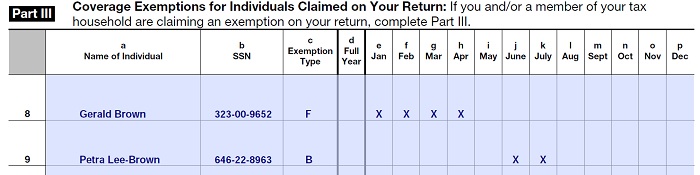 Indicate which months you are granted an exemption from ACA health insurance mandate for each family member with an X.