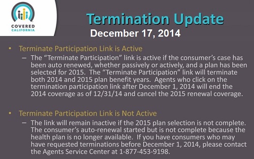 Covered California plan termination update Dec. 17th, 2014.
