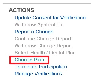 Action menu right sidebar, Change Plan.