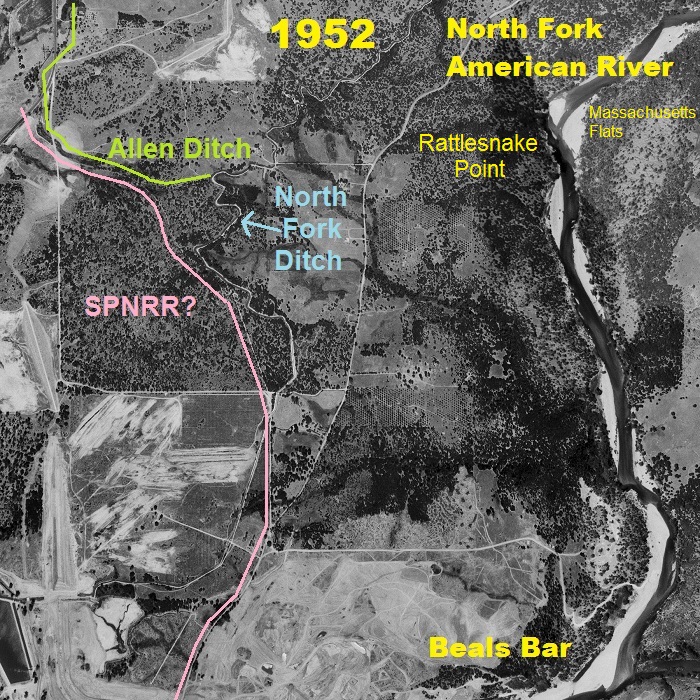 American River, North Fork Ditch, Beals Bar before Folsom Dam and lake, 1952