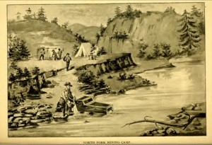 Illustration of the North Fork Mining Camp on the American River from Experiences of a Forty-Niner by Johnston.