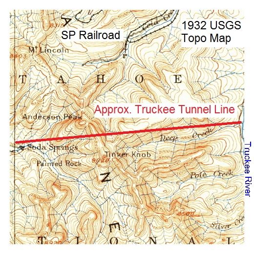 1932 topo map shows approximate line of Von Schmidt's proposed water tunnel from the Truckee River over to Soda Springs on the North Fork of the American River.