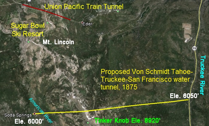 Aerial view of the Tahoe-Truckee proposed train and water tunnels under the Sierra Nevada Mountains.