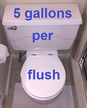 My 1968 wall mounted toilet uses five gallons per flush, but they are expensive to replace.