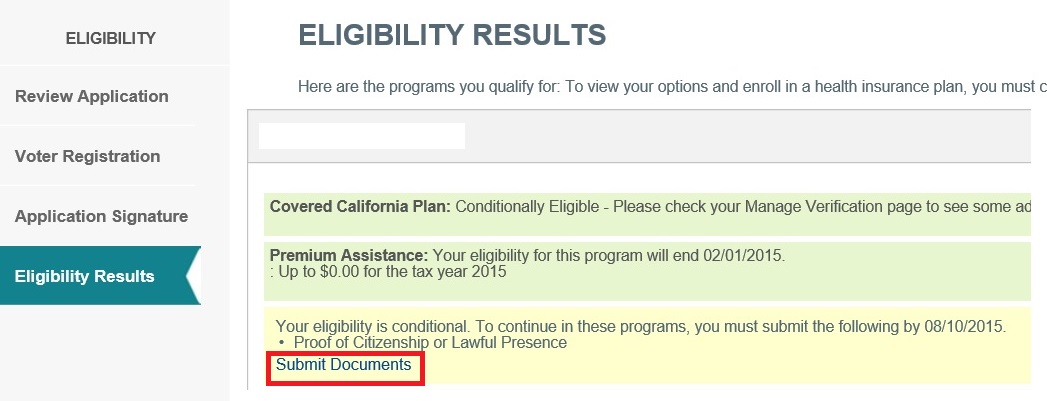 Covered California Eligibility Results page will show which documents must be submitted for verification.
