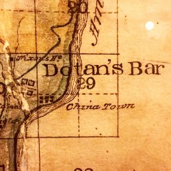 Auburn Courthouse map from 19th century showing Doton's Bar and China Town, usually under Folsom Lake.