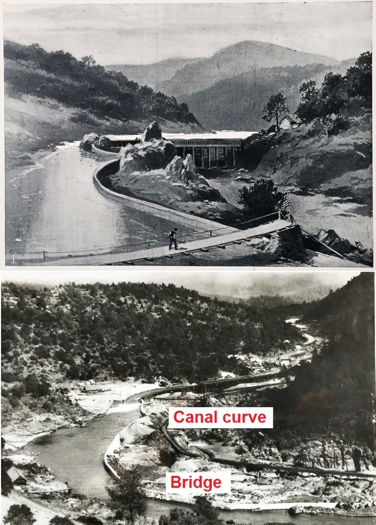 Harper's Weekly 1895 water color image (top) could have been based on a Carleton Watkins photograph of the 1890's Feather River gold mining diversion canal. Note the suspension bridge and the curve in canal wall to incorporate bedrock outcroppings. 