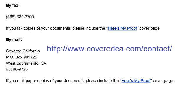 Covered California fax number and mailing address from their Contacts page.