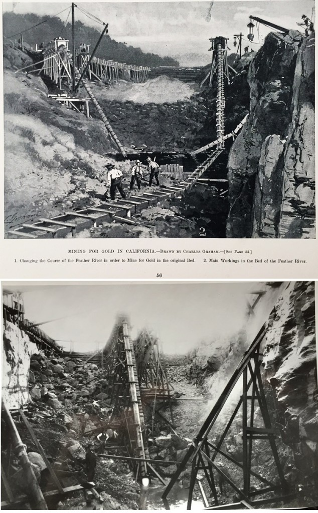 1895 Harper's Weekly water color of image of the Feather River diversion project (top) was probably based on photographs taken by Carleton Watkins of San Francisco to promote the project to investors back in England.
