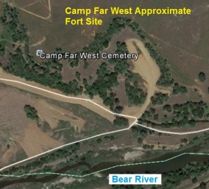 Aerial view of 1849 U.S. Army post Camp Far West on the Bear River east of Sheridan, CA.
