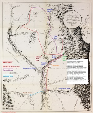 Link to full size 1849 Sacramento Valley Map with Lt. Derby's march and campsites outlined from his report.