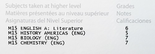 IB Program: A candidate's examination performance in individual subjects is graded 1 (lowest grade) to 7 (highest grade). Theory of Knowledge and the extended essay are graded from E (lowest grade) to A (highest grade).