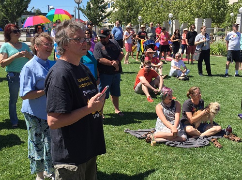 A subdued crowd gathered to hear prayers for the victims of the Orlando, Florida, nightclub mass shooting in downtown Roseville.