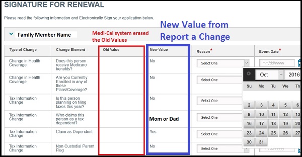 On the Signature for Renewal page, after the responses have been entered, the consumer will notice that there is no Old Value, these are the response that were erased by Medi-Cal.