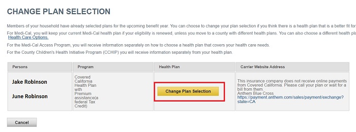After selecting Change Plans from the Actions menu box, you'll be able to navigate to the real link that will allow you to change the health plan Covered California has automatically renewed you into.