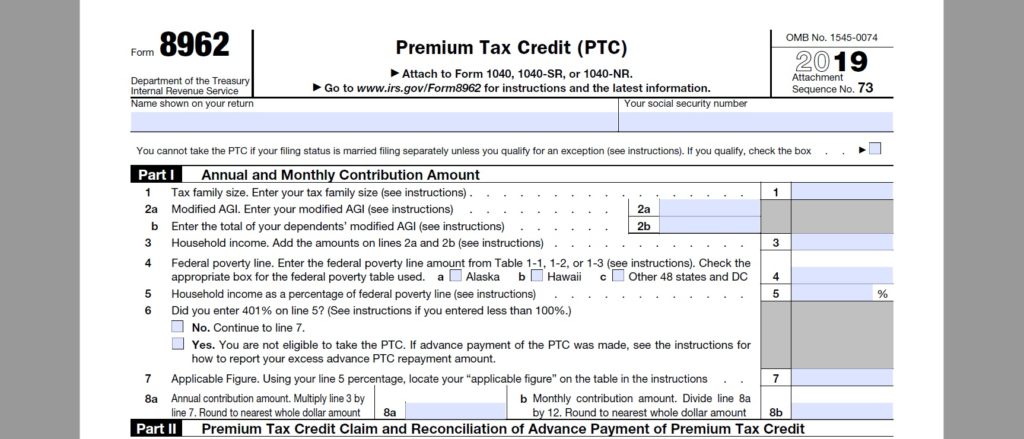 IRS 2019 Health Insurance Subsidy Tax Credit Reconciliation