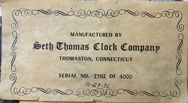 Certificate of authenticity for the 1976 reissue of the Seth Thomas No. 2, serial number 2702 of 4000.