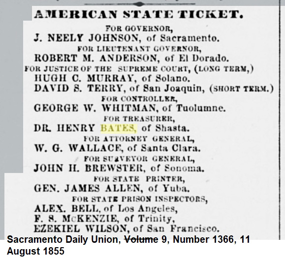 Dr. Henry Bates was elected California Treasurer in 1855 under the American Party, aka Know-Nothing Party.