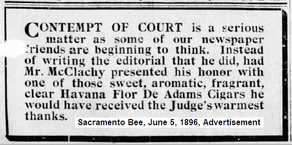 Sacramento Bee advertisement, 1896, for cigars and referencing McClatchy and Judge Catlin.