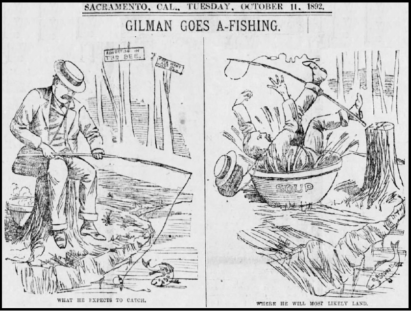 Sacramento Bee editorial cartoon, October 11, 1892, Gilman is fishing for $50,000 in libel lawsuit.