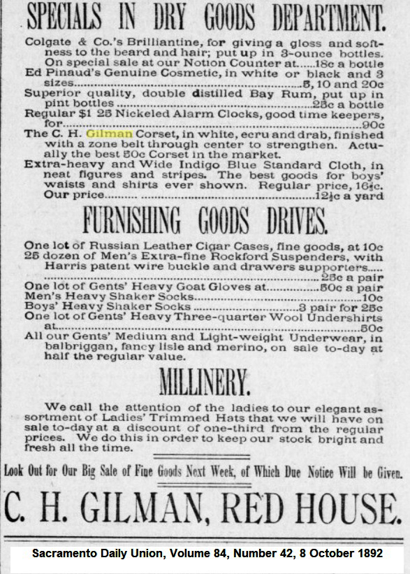Advertisement for C. H. Gilman, Red House, Dry Goods store in Sacramento Daily Union, 1892.