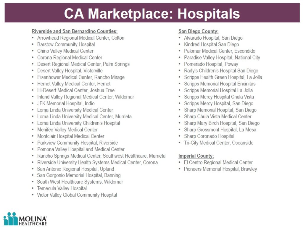 Molina 2021 hospitals for Riverside, San Bernardino, San Diego, and Imperial counties.