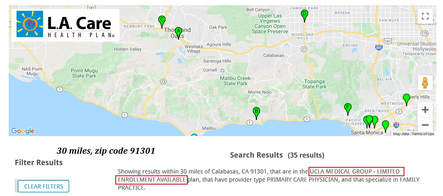 A provider search on L. A. Care website resulted in 35 UCLA primary care physicians with in 30 miles of zip code 91301.