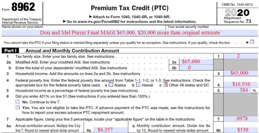 Self-employed tax payers may have to recalculate Part 1 of form 8962 if their income is different from the original estimate.