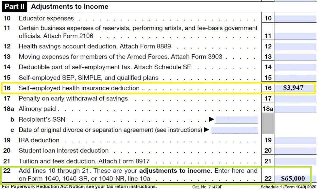 Many self-employed tax payers can deduct their health insurance premiums on line 16 of Schedule 1 to reduce their adjusted gross income.