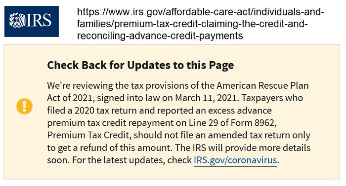 IRS statement regarding refunds of excess Premium Tax Credits already paid for 2020.