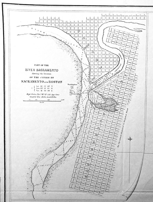 Inset of confluence of the Sacramento and American River in 1850 before realignment of the American in 1862. Sutter's Lake would become known as China Slough.
